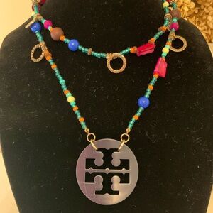 #83 Multi- Colored Beaded Necklace with Upcycled Blue Tory Burch Pendant